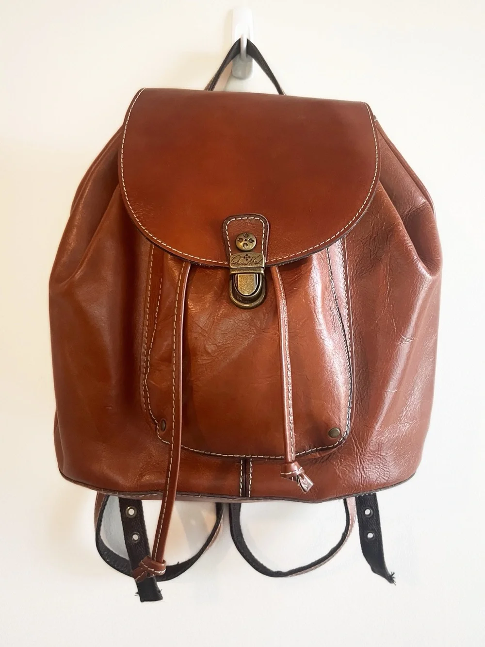 Patricia Nash Casape Cognac Brown Leather Drawstring Backpack